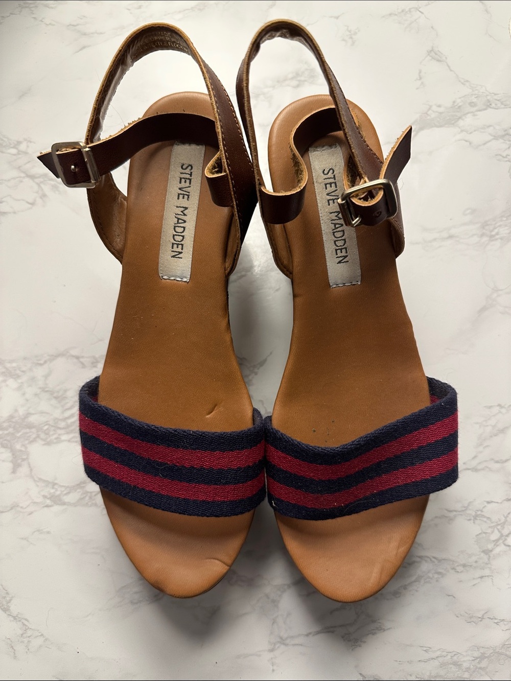 Steve Madden Brown Sandals with Navy and Red Striped Front Band